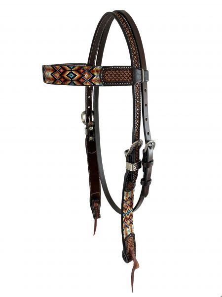 Showman Two Tone Argentina Cow Leather Browband Headstall with Aztec Beaded Inlays